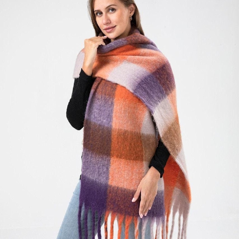 Brand NEW Plaid Fringe Scarf in Orange and Purple